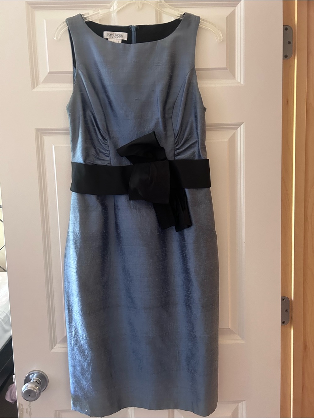 Kay Unger Blue Satin Midi Sheath Dress with Black Waist Bow